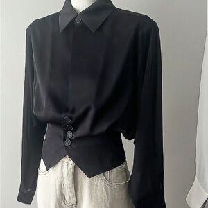 Black Satin Button-Up Waist Detail Blouse